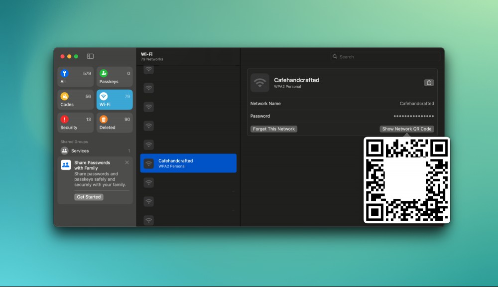 A wifi network's QR code in Apple Passwords on a Mac.
