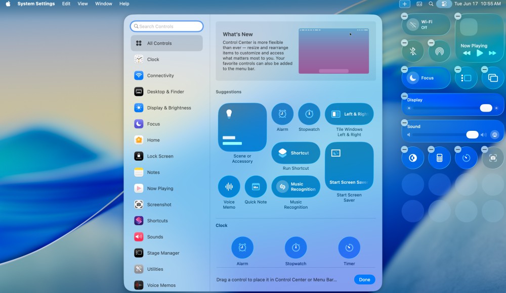 The new Control Center settings pane lets you drag over all kinds of tools