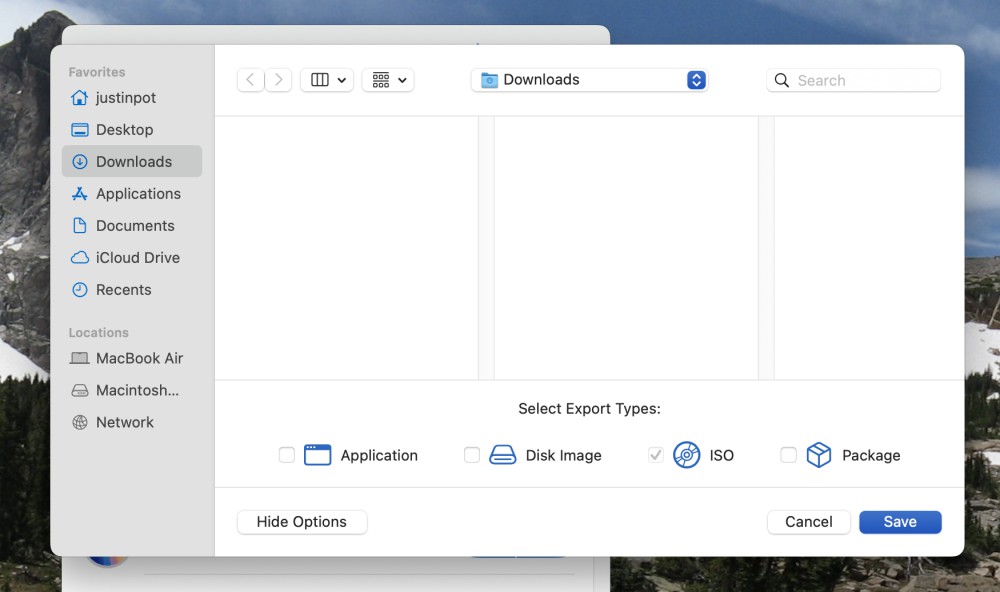 The application can create four kinds of installers:.app, .dmg, .iso, and .pkg.