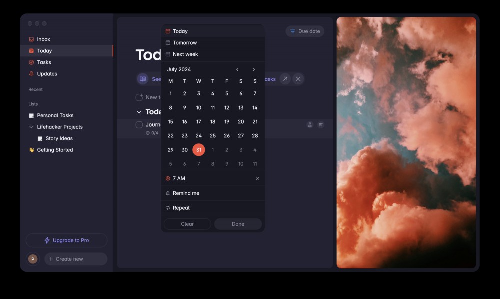A screenshot of a to-do list in Superlist for Mac, with a pop-up showing a calendar, which lets you set a deadline for tasks.