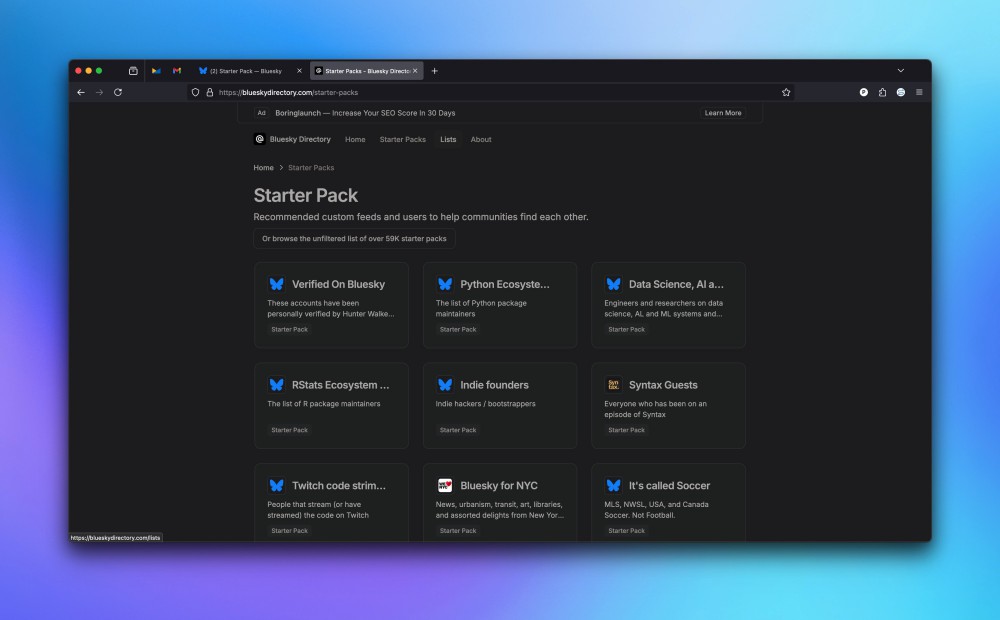 The Bluesky Directory website in Firefox on a Mac.