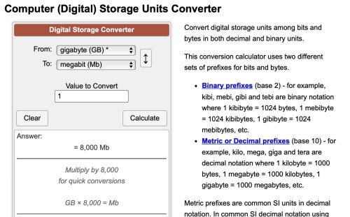 The computer storage calculator, shown here converting gibabyes to megabits