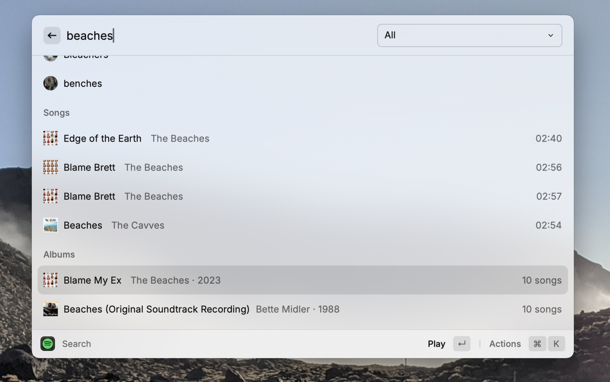 A Raycast screenshot showing a search for the band "Beaches".