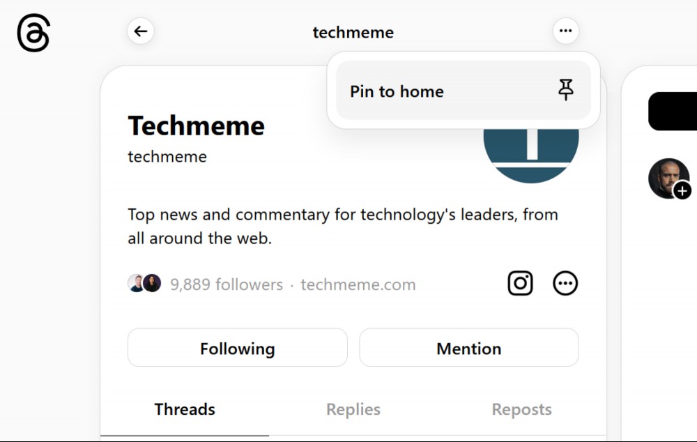 Pin a column to the Threads home screen from search or profile.
