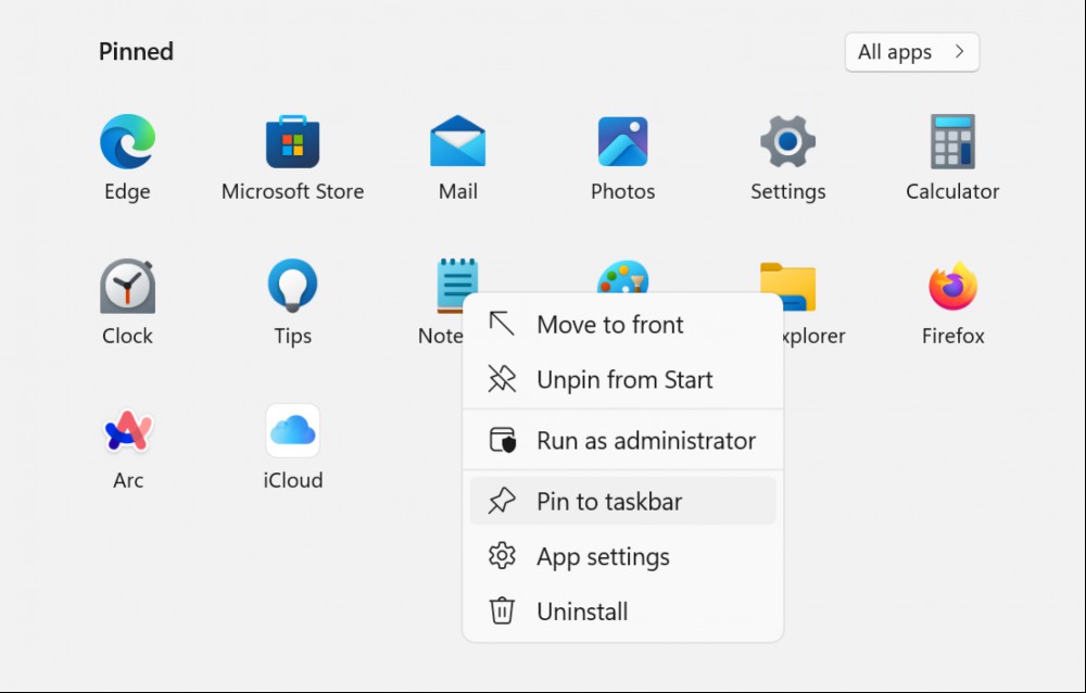 Pinning apps to the taskbar.