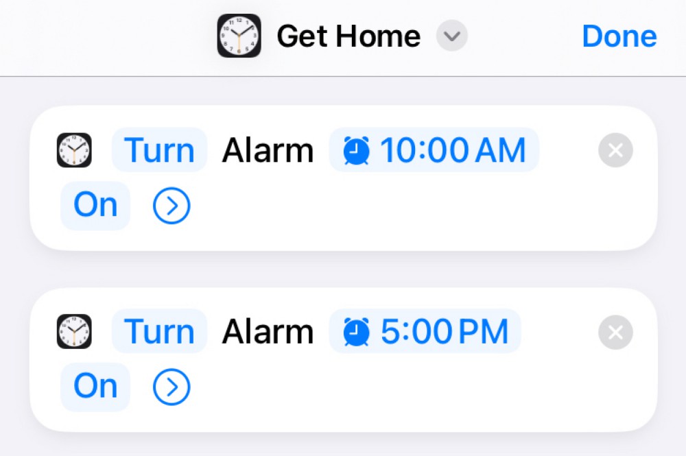 A simple Apple Shortcut set up to turn off two alarms.