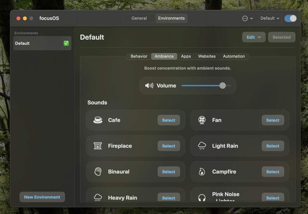 A screenshot of the "Ambience" tab, which allows you to choose a sound.