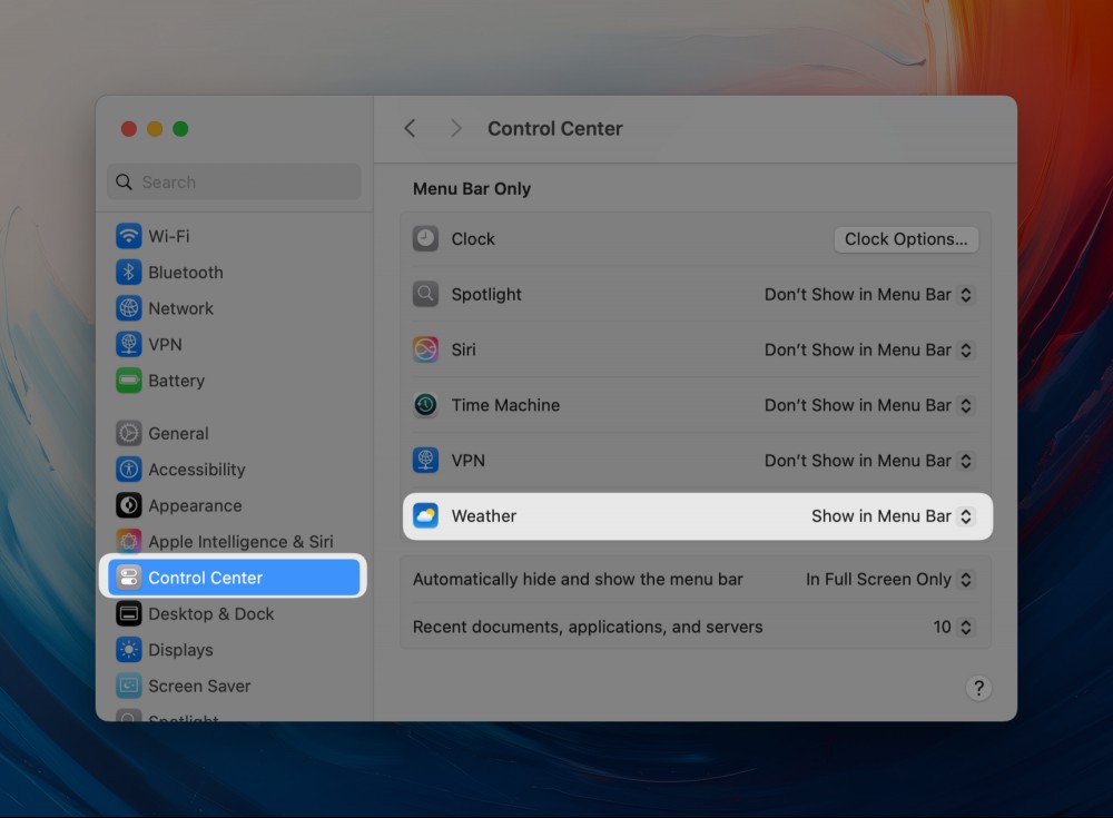 Enabling Weather widget in mac Menu Bar.