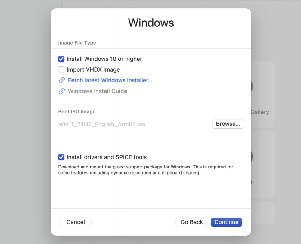 The initial setup screen for Windows asks for an ISO file and whether to install drivers.
