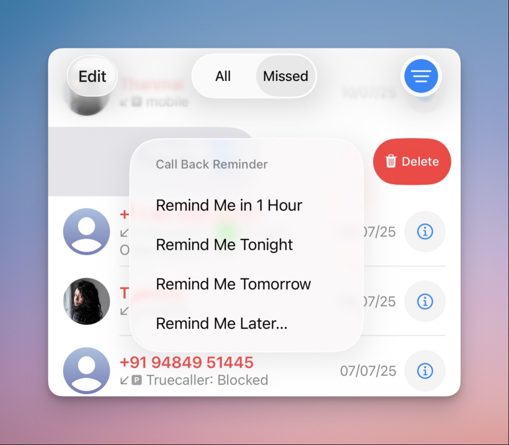 Time options for setting call back reminder.