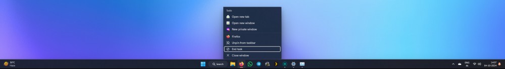 The End Task button in the right-click menu for a taskbar icon in Windows 11.