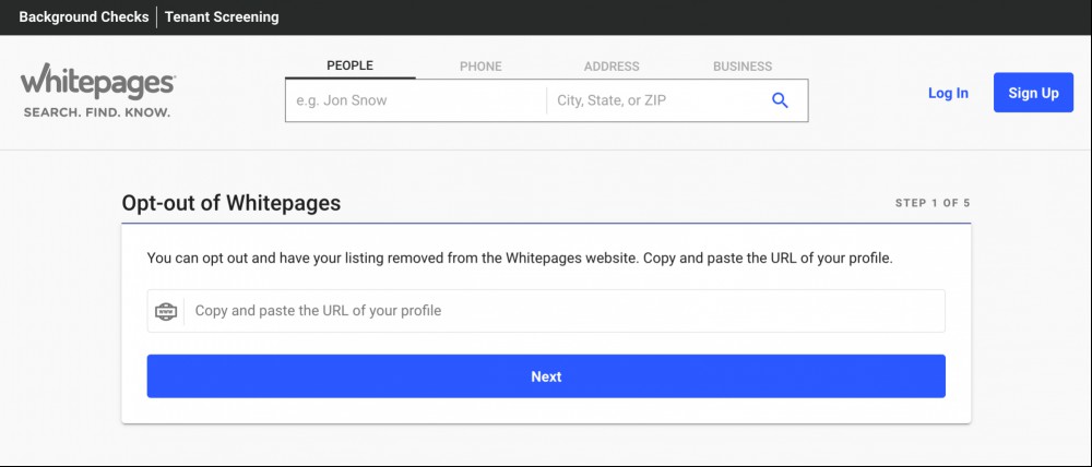 A screenshot of the Whitepages.com opt-out page