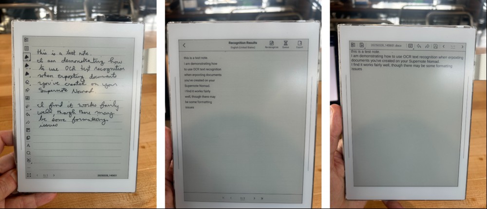 A triptych of images of script written on the supernote, the same script as text via OCR, and the same text exported to a word doc