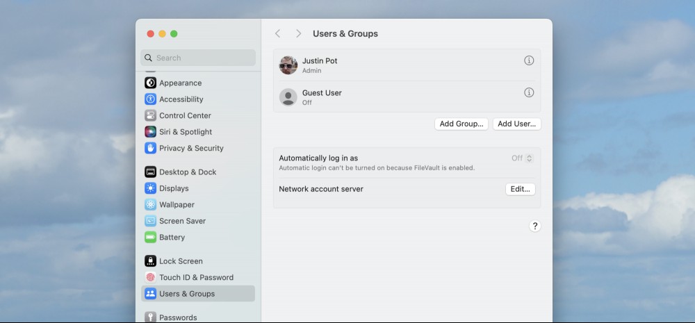 The Mac System Settings app opened to the Users pane.
