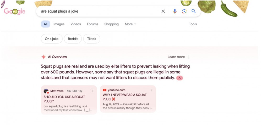 Google Ai screenshot: "Are squat plugs a joke?" "Squat plugs are real and are used by elite lifters to prevent leaking when squatting over 600 pounds..."