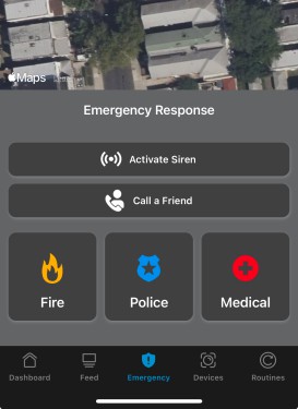emergency alert section of arlo app showing icons for fire, police, and medical