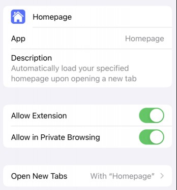 A screenshot of the extension settings for "Homepage"