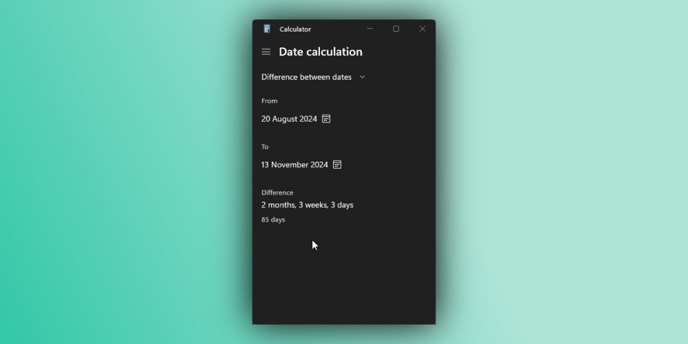 The date calculator mode in Windows 11's Calculator app.