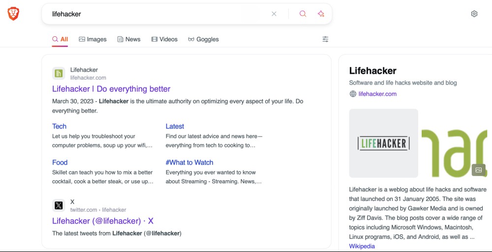 A Brave search for the word "Lifehacker"