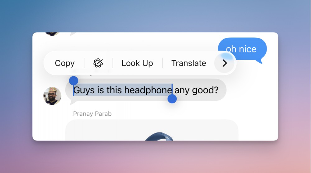 Selecting part of a message.