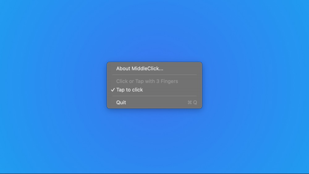 A screenshot showing the menu bar drop-down menu of the MiddleClick-Sonoma app on your Mac.
