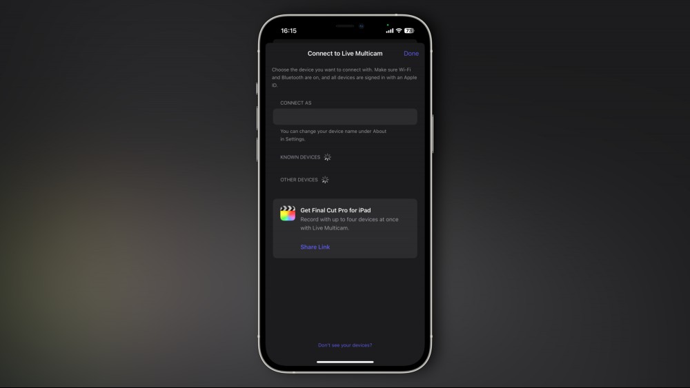 The connection screen in the Final Cut Camera app for iPhone.