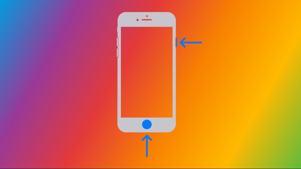 An iPhone against a rainbow background, with two arrows pointing to the side button and the home button respectively.