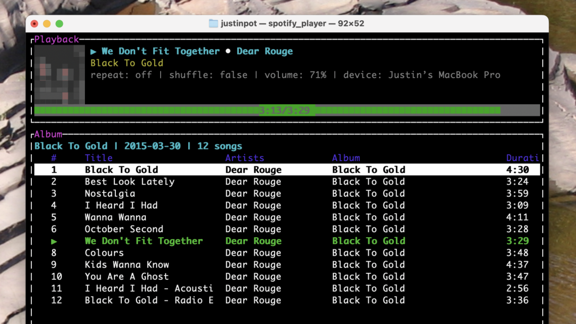 A screenshot of spotify-player, running in the Mac Terminal, playing the Rural Alberta Advantage album Black to Gold