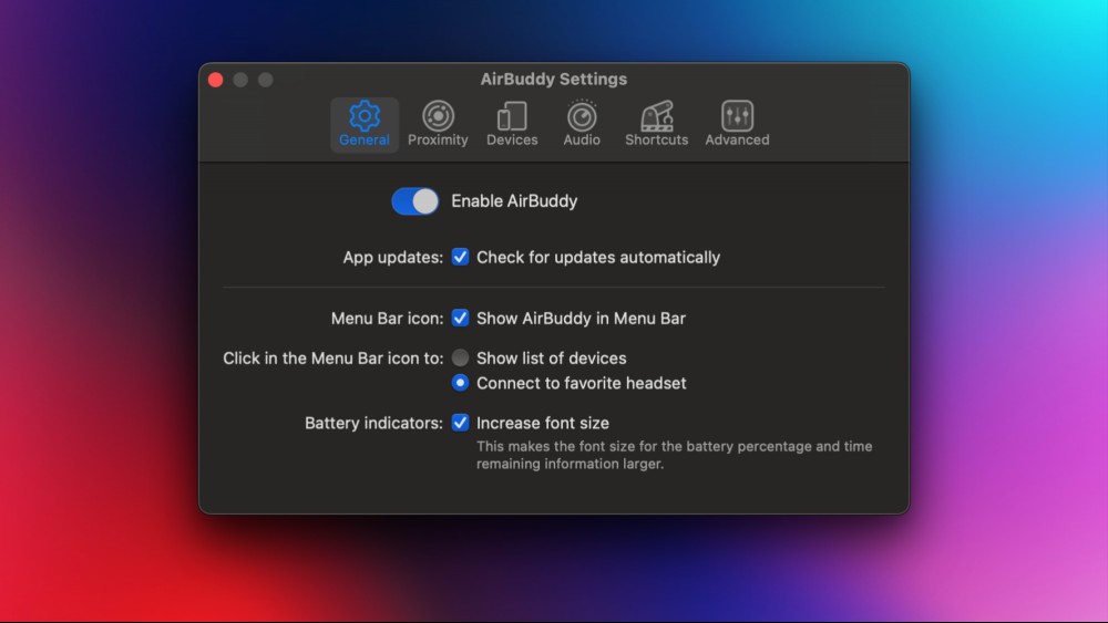 AirBuddy's general settings window.