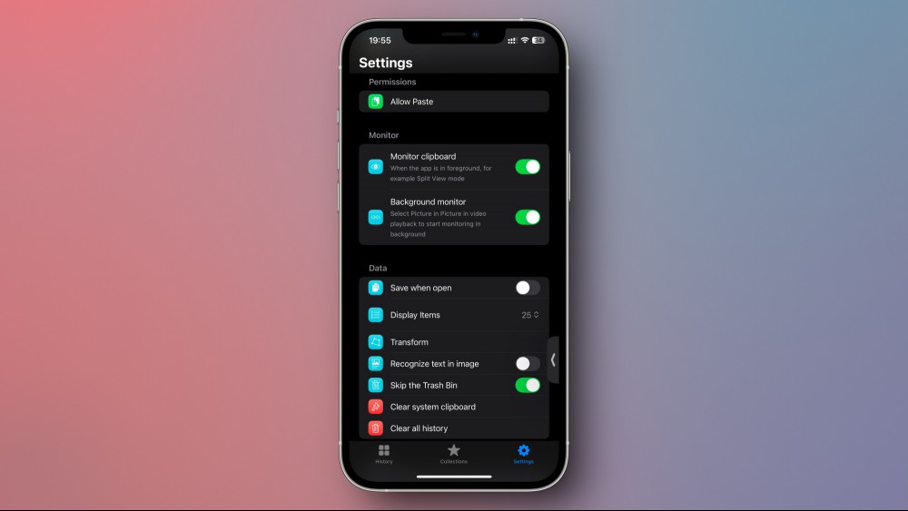 PastePal settings on the iPhone.