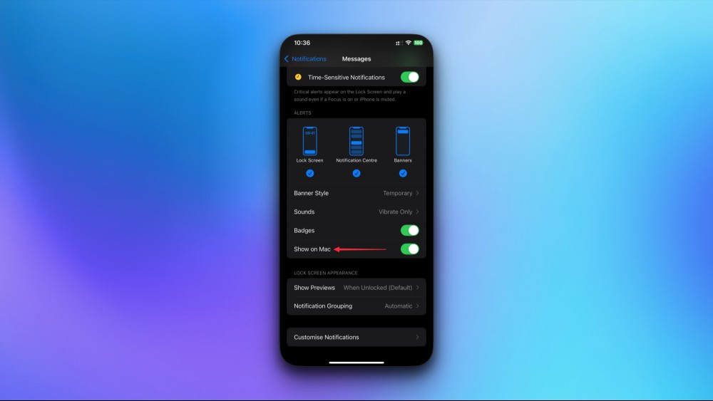 The Show on Mac feature of iPhone notifications, displayed in an iPhone settings page.