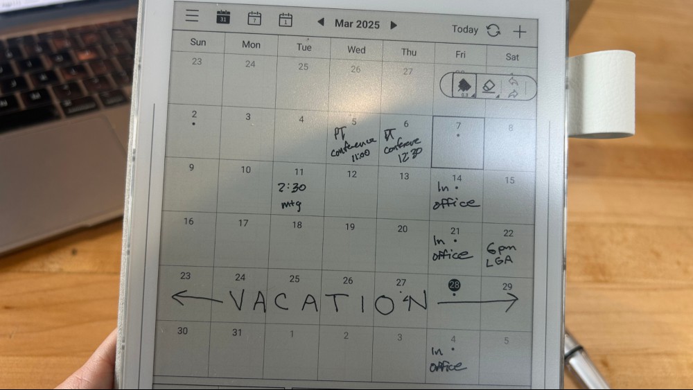 A photo of the calendar app open on a Supernote Nomad