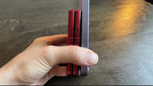 Razr Ultra, closed (left) in profile vs. Pixel 9a (right)in profile