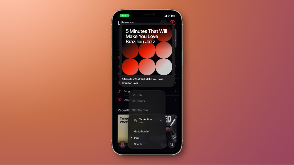 Apple Music in iOS 26 with the Tap Action menu visible.