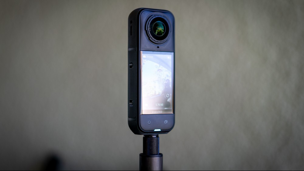 Insta360 X5 on a stand from angle