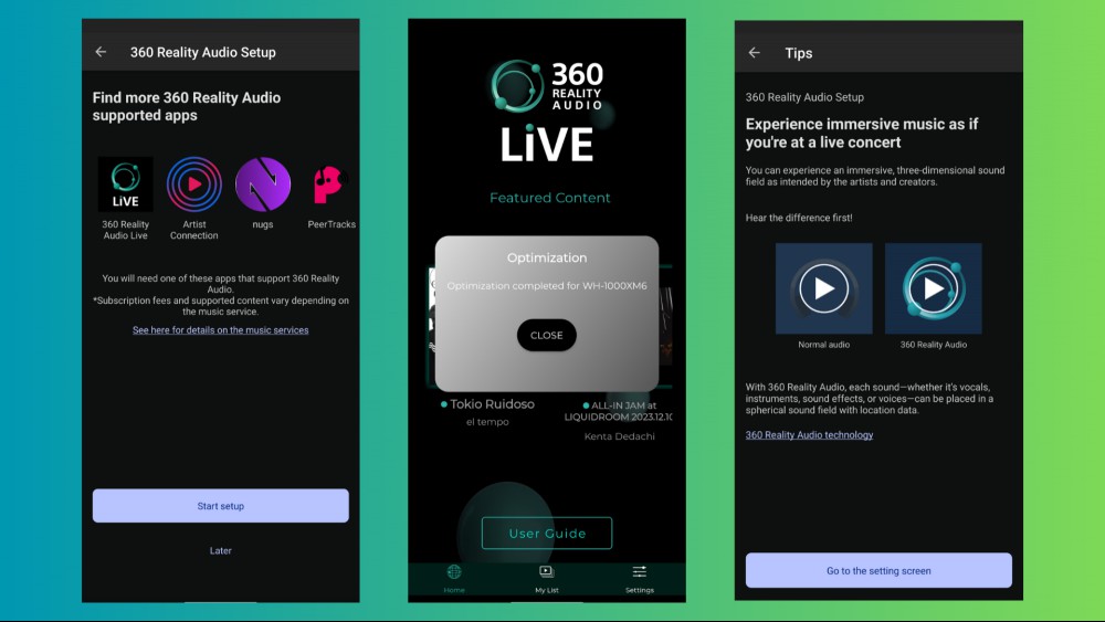 Screenshots of the hearing profile on the 360 Reality Audio Live app.