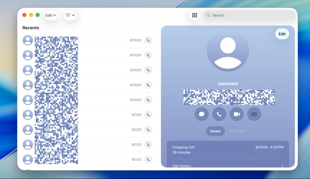 A heavily censored screenshot of the phone app