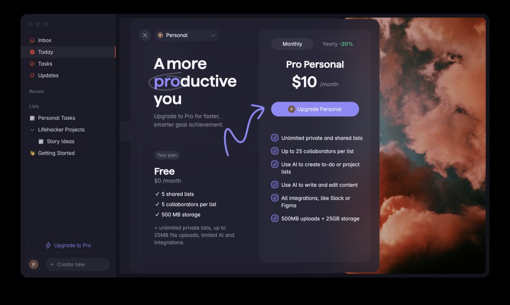 A screenshot of the pricing page in Superlist for Mac