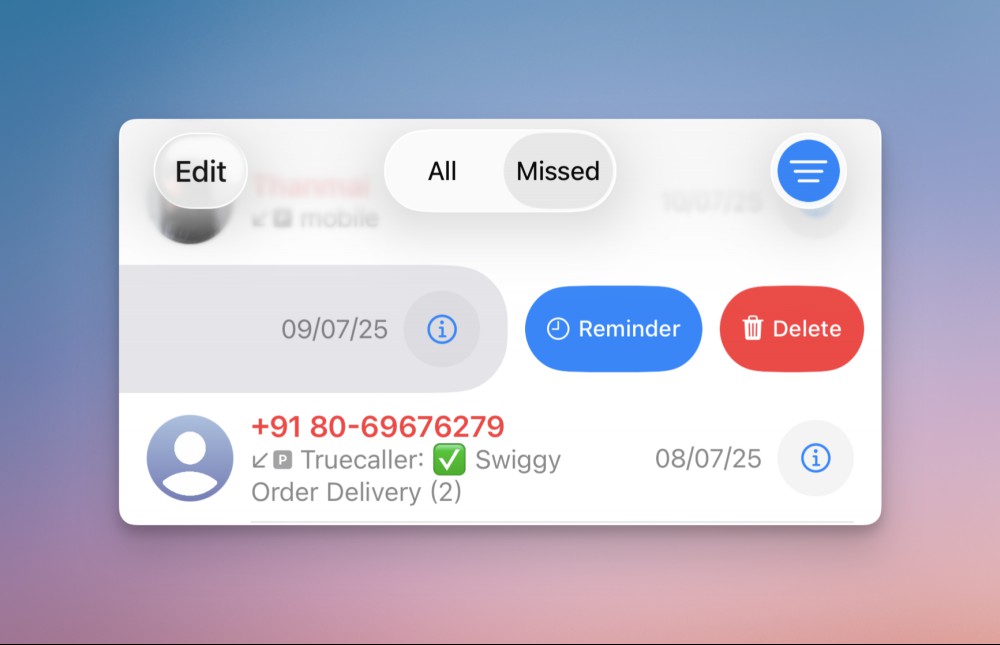 Tap new Reminder option from a call menu.