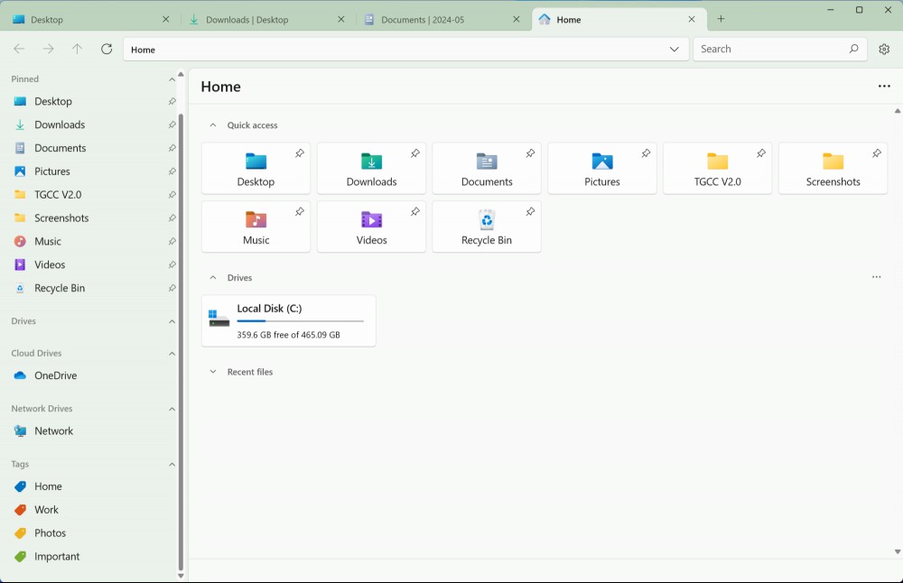 Start page in Files app.
