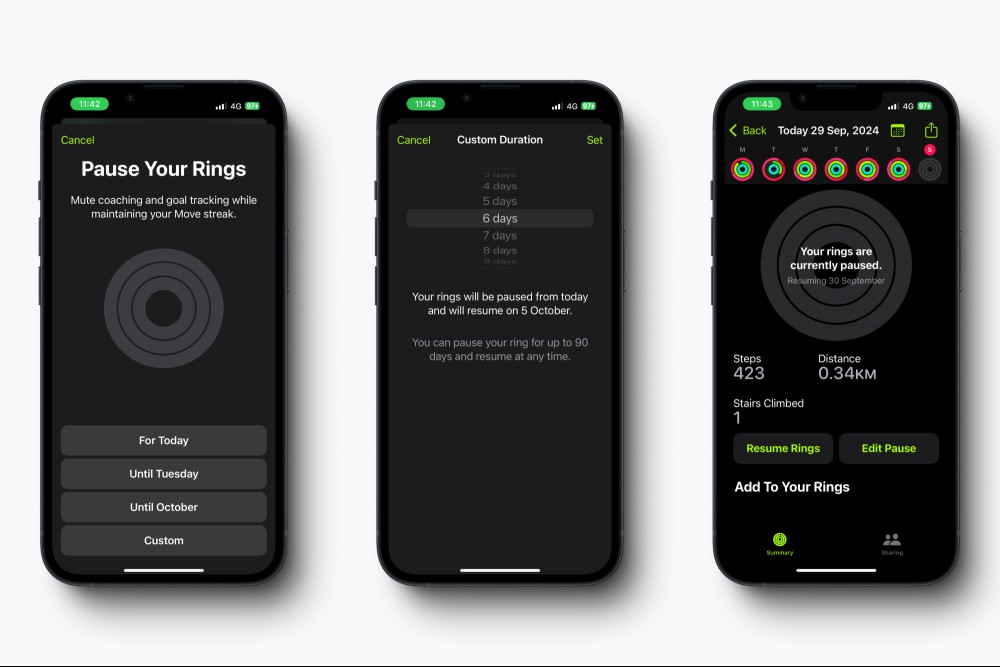 Pausing Activity Rings for Apple Watch on iPhone.