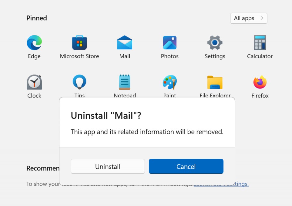 Uninstalling bloatware from Start menu.