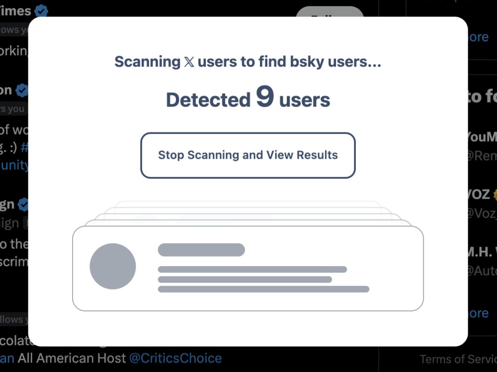 A screenshot of sky follower bridge working to find users