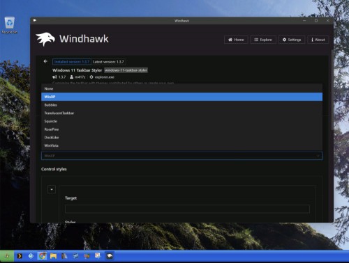 The settings screen for the Windows 11 Taskbar mode allows you to choose which taskbar you want. The user here picked Windows XP, and the taskbar is in fact bright green.