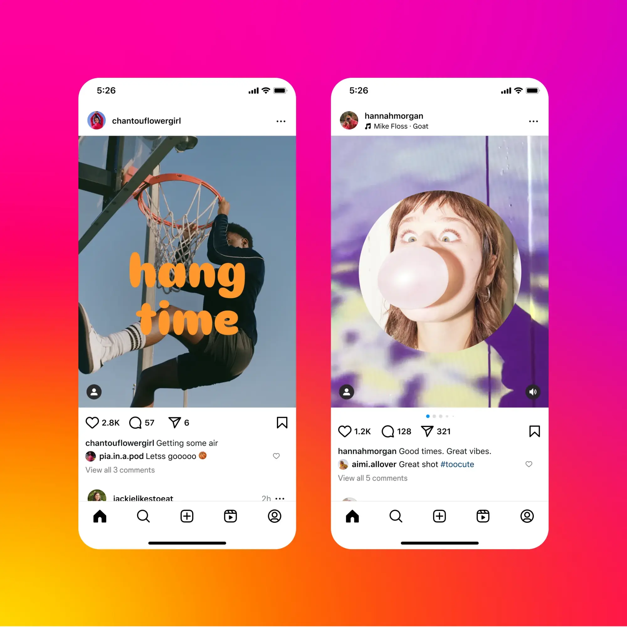 two instagram posts, one with stylized "hang time" text overlayed on top, another with a sticker placed over the post