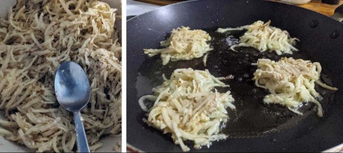 on the left, shredded potatoes with skin on in a bowl. on the right, latke mix in formed latkes frying in a shallow pan of oil. 