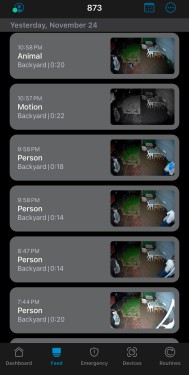 A screenshot of my Arlo security camera feed, showing different videos recorded labeled with the type of movement detected