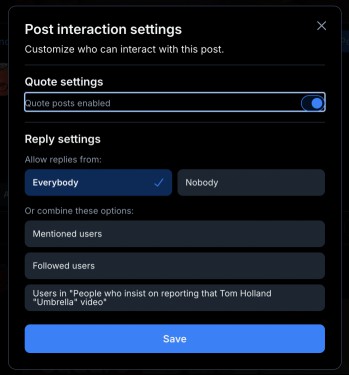 Screenshot ofBluesky's "Everybody can interact" menu