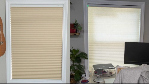 How the light filtering blind looks side-to-side with the blackout blind.