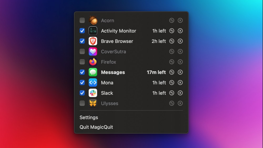 The MagicQuit app on a Mac, with a list of running apps and a quit timer listed.